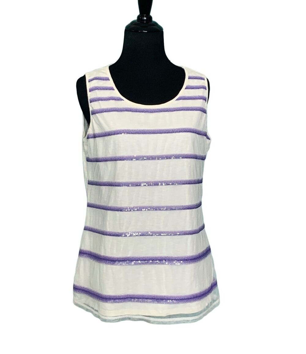 Coldwater Creek white purple sequin stripe casual top size Medium